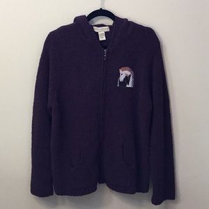 Knit hooded sweater with horse embellishment